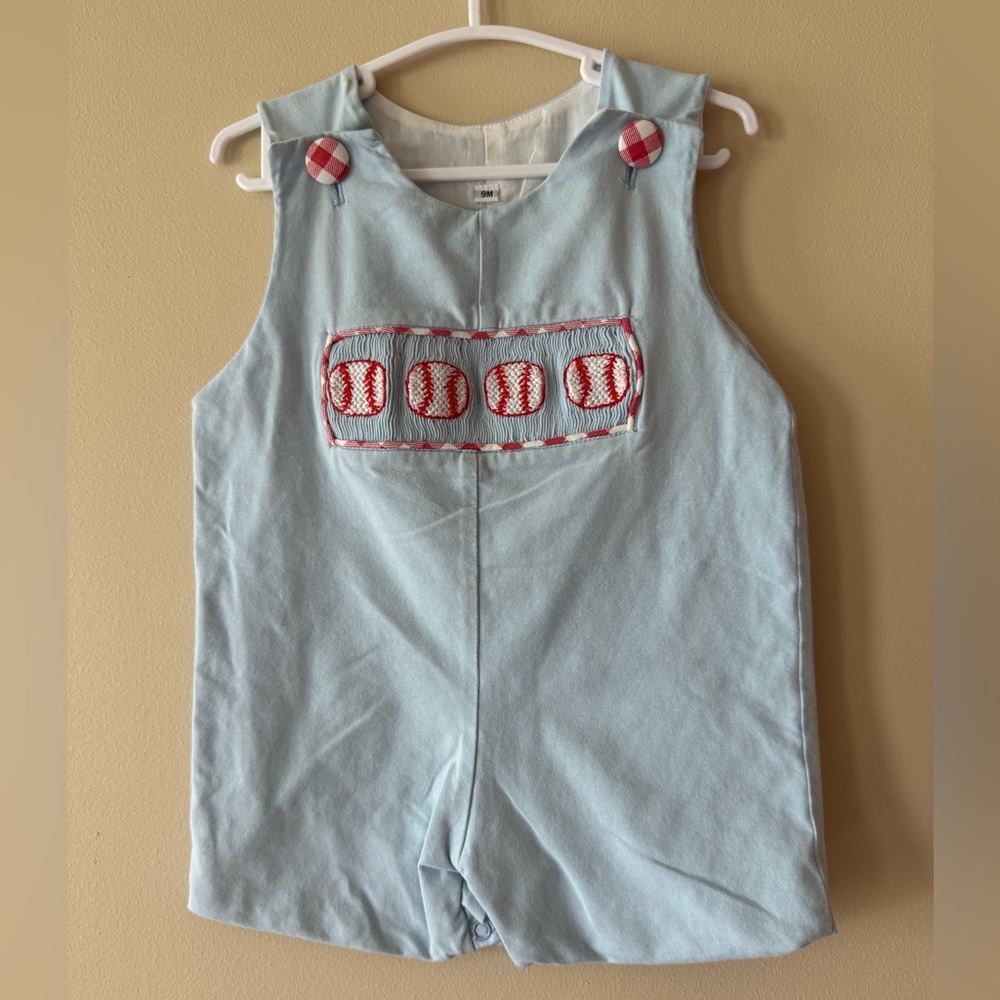 infant smocked baseball bubble romper with plaid accenting